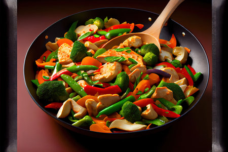 interesting Wok stir fry vegetables with chicken fillet Ai generativeの素材