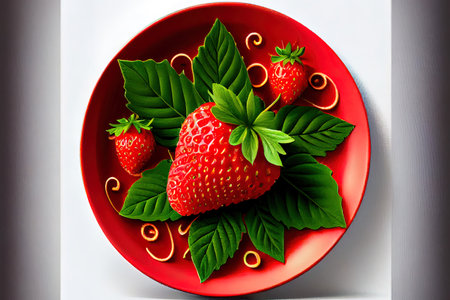 Healthy Strawberry with leaves Ai generated imageの素材