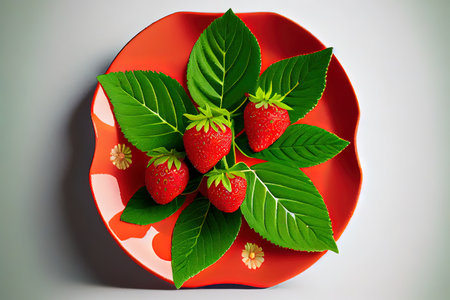 Strawberry with leaves Ai generated imageの素材