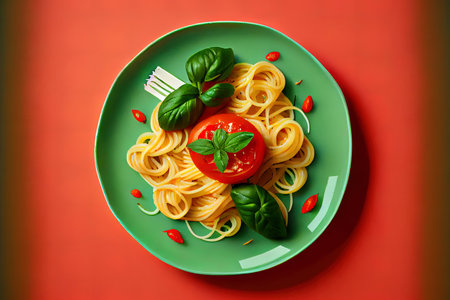 Spaghetti with tomato and basil on green Ai generativeの素材