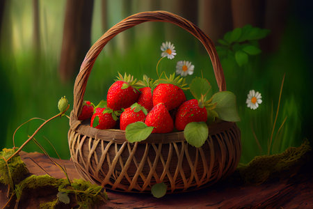 Strawberry in a wattled basket on the Wood glade Ai generated imageの素材
