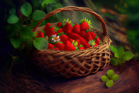 Strawberry in a wattled basket on the Wood glade Ai generated imageの素材