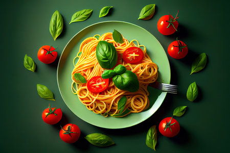 Special Spaghetti with tomato and basil on green Ai generativeの素材