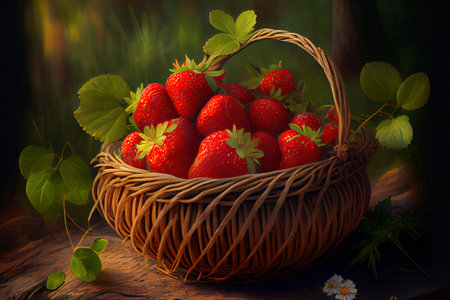 Strawberry in a wattled basket on the Wood glade Ai generated imageの素材
