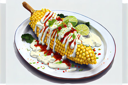Elotes, Grilled Mexican Street Corn on a plate Ai generativeの素材