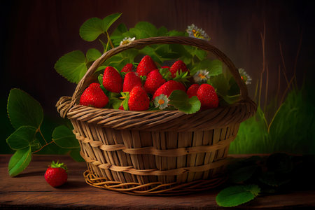 Strawberry in a wattled basket on the Wood glade Ai generated imageの素材