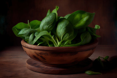 Young spinach in wooden bowl Ai generativeの素材
