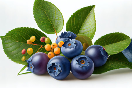ripe bilberries on white Ai generated imageの素材