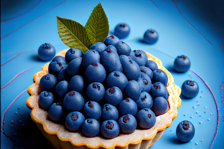 Amazing Blueberry tart on blue wooden background Ai generativeの素材