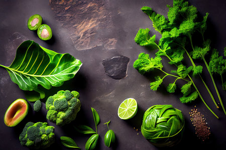Green food background on stone table Ai generativeの素材