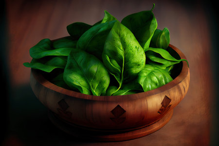Young spinach in wooden bowl Ai generativeの素材