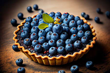 Blueberry tart on blue wooden background Ai generativeの素材