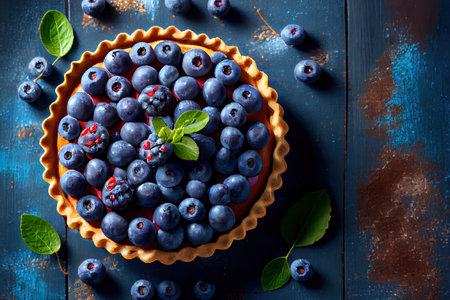 Blueberry tart on blue wooden background Ai generativeの素材