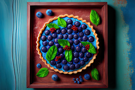 Amazing Blueberry tart on blue wooden background Ai generativeの素材