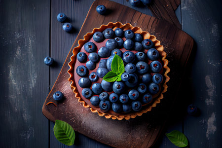 Blueberry tart on blue wooden background Ai generativeの素材