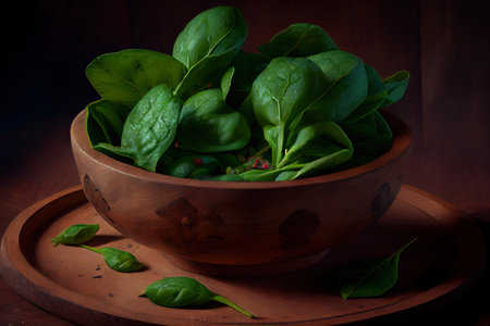 Young spinach in wooden bowl Ai generativeの素材