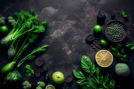 Summer Green food background on stone table Ai generativeの素材