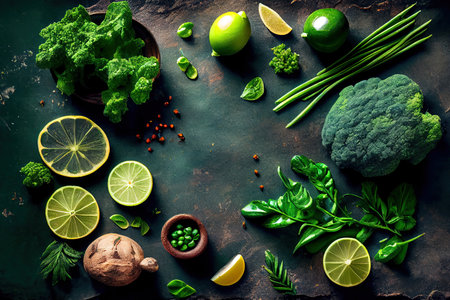 Green food background on stone table Ai generativeの素材