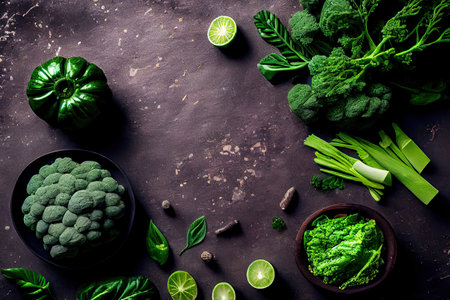 Green food background on stone table Ai generativeの素材