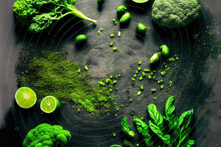 Summer Green food background on stone table Ai generativeの素材