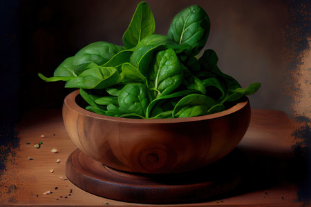 Young spinach in wooden bowl Ai generativeの素材