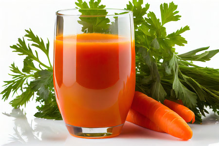 Amazing Glass of carrot juice and fresh greens Ai generativeの素材