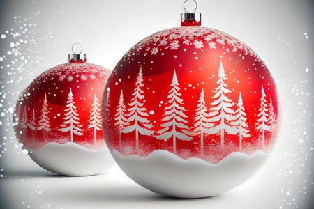 Excellent Red christmas balls with snow Ai generativeの素材