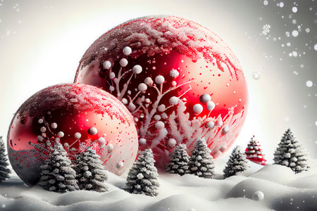 Awesome Red christmas balls with snow Ai generativeの素材
