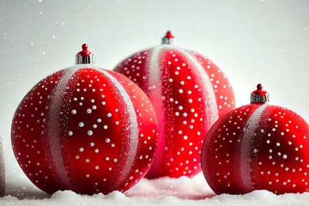 Excellent Red christmas balls with snow Ai generativeの素材