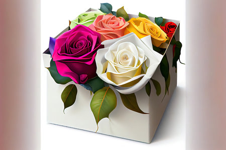 Beaufiful multicolored roses in white gift box Ai generativeの素材