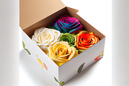 Beaufiful multicolored roses in white gift box Ai generativeの素材