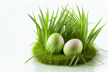 Nice Eggs in green grass on white Ai generativeの素材