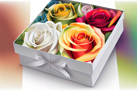 Beaufiful multicolored roses in white gift box Ai generativeの素材