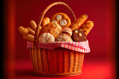 Wonderful Assortment of baked bread in basket on red background Ai generativeの素材