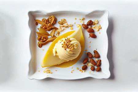 Dessert with pears and nuts on white background Ai generativeの素材