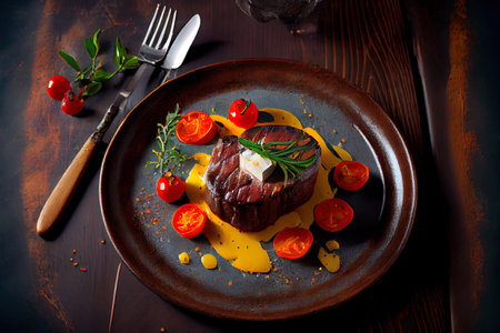 Beef Steak with Butter and Baked tomato Ai generativeの素材