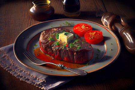 Beef Steak with Butter and Baked tomato Ai generativeの素材