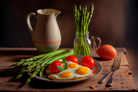 Delicious Breakfast with asparagus Ai generativeの素材