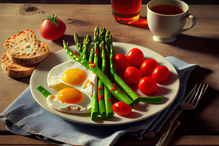 Delicious Breakfast with asparagus Ai generativeの素材