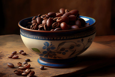 Coffee beans in ceramic bowl Ai generativeの素材