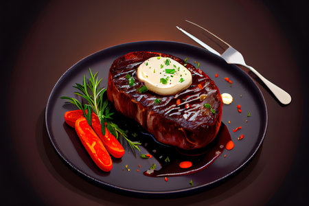 Beef Steak with Butter and Baked tomato Ai generativeの素材