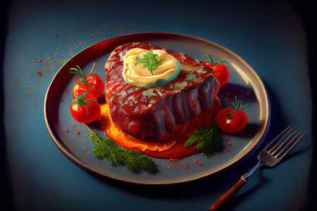 Tasty Beef Steak with Butter and Baked tomato Ai generativeの素材