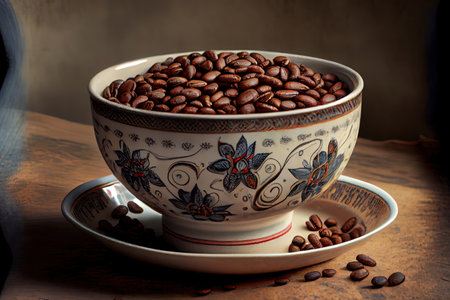Nice Coffee beans in ceramic bowl Ai generativeの素材