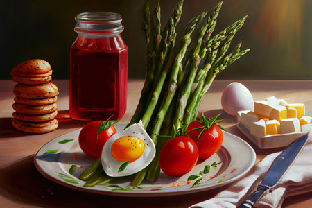 Delicious Breakfast with asparagus Ai generativeの素材