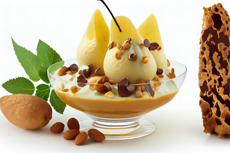 Dessert with pears and nuts on white background Ai generativeの素材