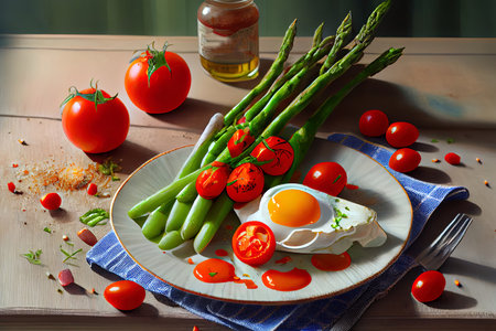 Delicious Breakfast with asparagus Ai generativeの素材