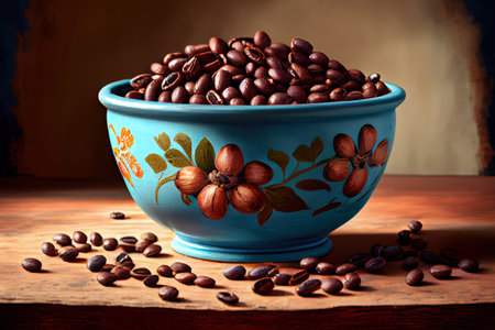 Coffee beans in ceramic bowl Ai generativeの素材