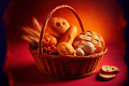 Assortment of baked bread in basket on red background Ai generativeの素材