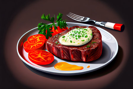 Beef Steak with Butter and Baked tomato Ai generativeの素材