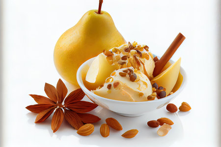 Healthy Dessert with pears and nuts on white background Ai generativeの素材